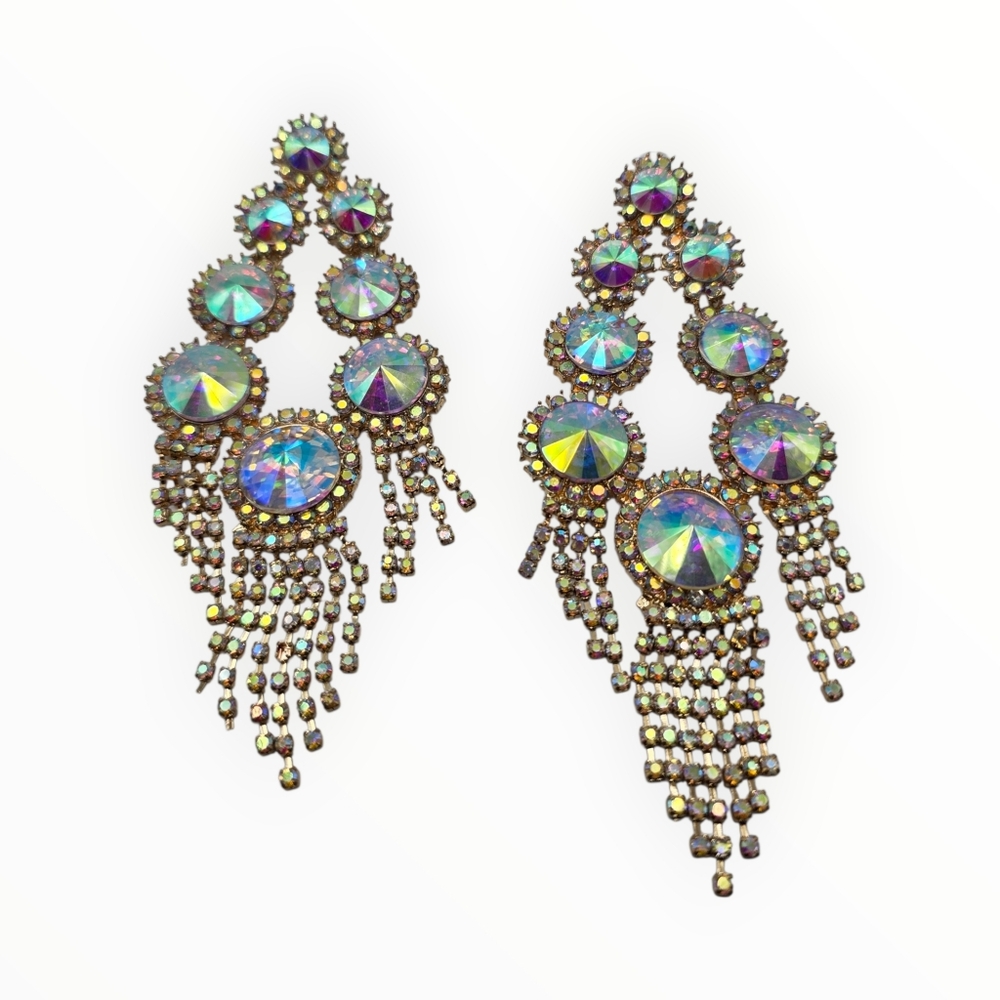 Rhinestone Earrings Chandelier Large Aurora Borealis Pierced